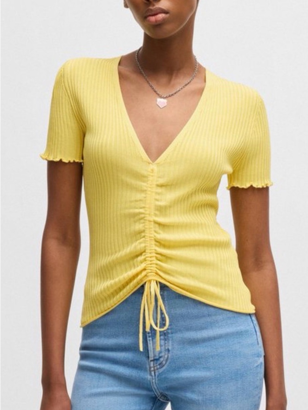 HUGO Yellow Ribbed V-Neck Drawstring Top
